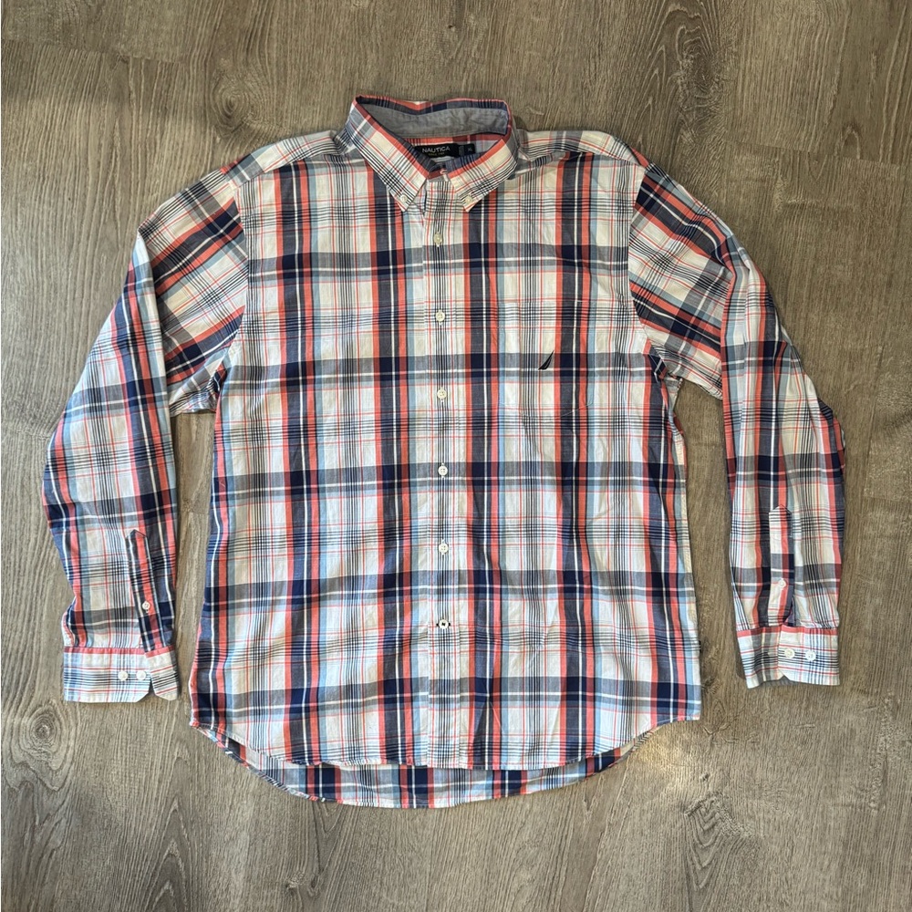 Men’s long sleeve Nautica button-down Plaid dress Shirt - Navy, Red, White XL